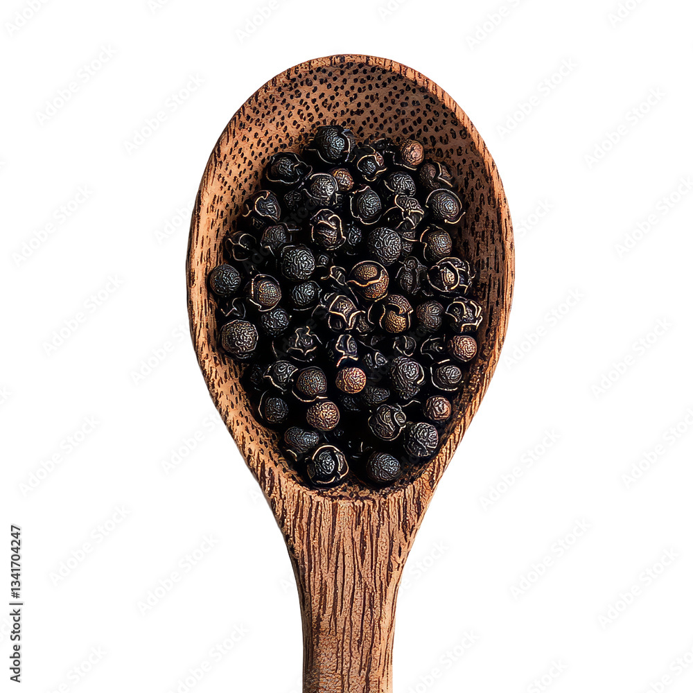 Poster A transparent background serves as the setting for a wooden spoon and black peppercorns, an image generated using Generative Ai