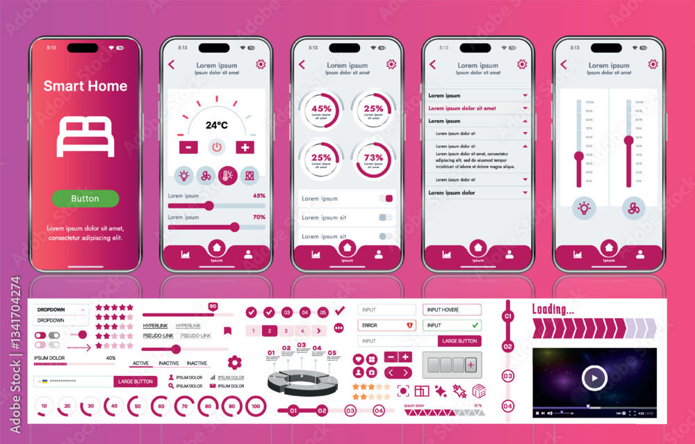 Poster a set of ui ux elements for smart home management mobile apps: an interface with buttons, panels, gr