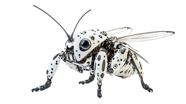 This image depicts a highly detailed mechanical insect, featuring a white and black spotted exoskeleton and chrome robotic components.