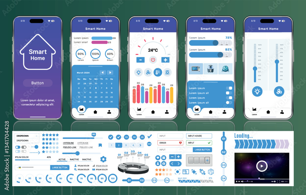 Poster a set of ui ux elements for smart home management mobile apps: an interface with buttons, panels, gr