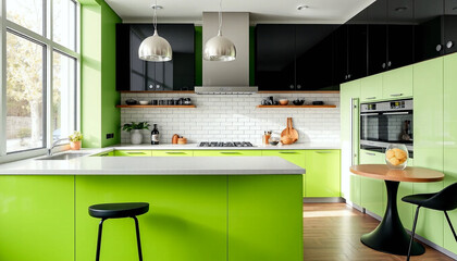 Modern Green and Black Kitchen with Sleek Contemporary Design. Generative AI