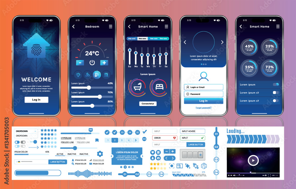 Poster a set of ui ux elements for smart home management mobile apps: an interface with buttons, panels, gr
