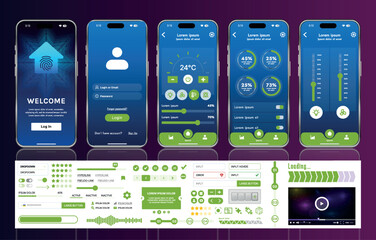 A set of UI UX elements for smart home management mobile apps: an interface with buttons, panels, graphs, and navigation for monitoring and controlling automation systems.