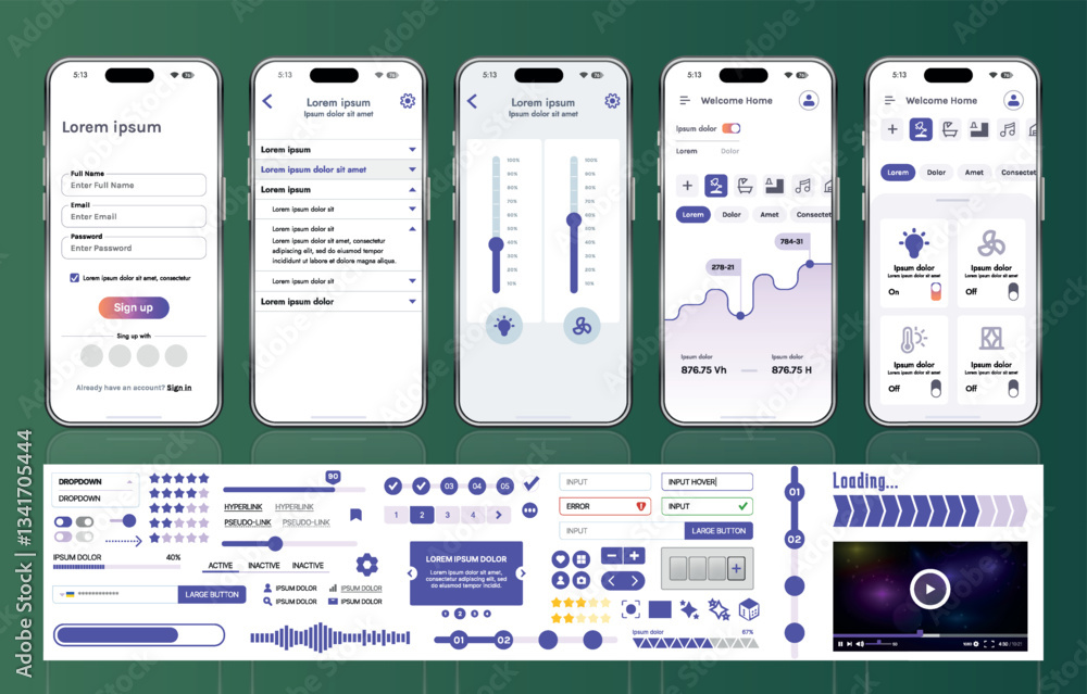 Poster a set of ui ux elements for smart home management mobile apps: an interface with buttons, panels, gr