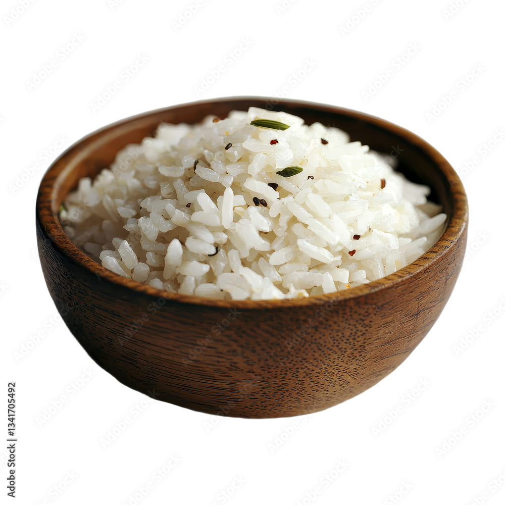Poster the image features raw white rice grains in a wooden bowl, isolated against a transparent background