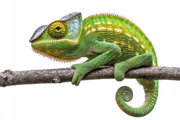 Obraz premium Colorful chameleon perched on a branch against a white background, showcasing its vibrant features