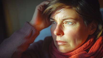 Fototapeta premium Close-up Portrait of a Thoughtful Woman Bathed in Soft Sunlight at Home with Reflective Mood