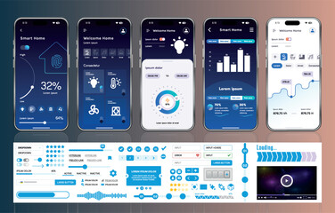 A set of UI UX elements for smart home management mobile apps: an interface with buttons, panels, graphs, and navigation for monitoring and controlling automation systems.