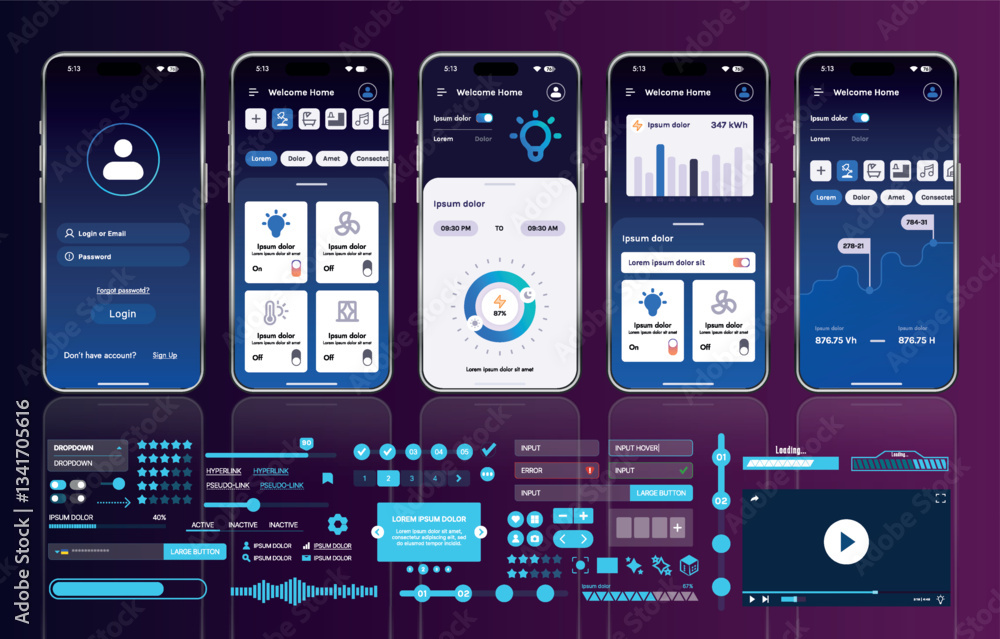 Poster a set of ui ux elements for smart home management mobile apps: an interface with buttons, panels, gr