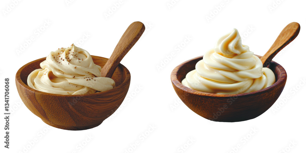 Poster the image features a wooden bowl of creamy white yogurt set against a transparent background, made u