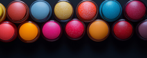 Colorful circular lip balm containers arranged in rows on dark surface