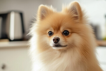 Cute Pomeranian dog sitting on sofa at home, closeup