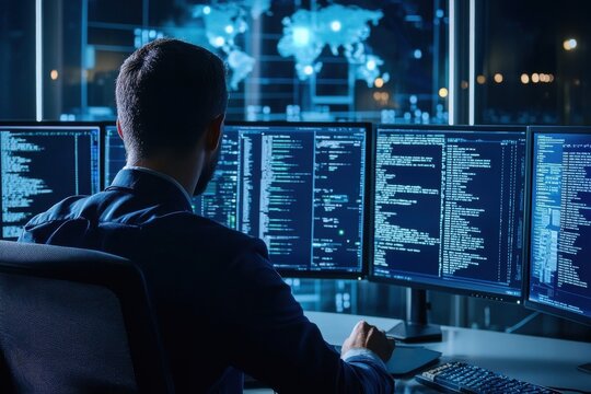 a man intently working on multiple computer screens