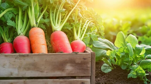 畑に置かれた収穫したばかりの野菜と木箱
