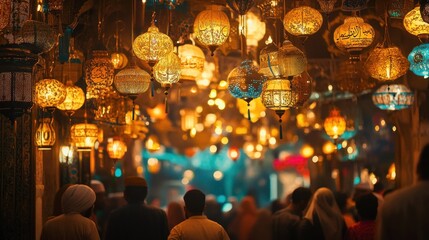 Enchanting lanterns illuminate a bustling street during Islamic New Year festivity