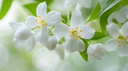 Obraz premium Delicate white blossoms with golden-yellow centers gracefully blooming on fresh green stems, captured against a softly lit background — a serene and pure floral composition.