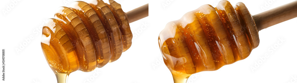 Poster The image features honey and a wooden dipper on a white background from a top-down perspective