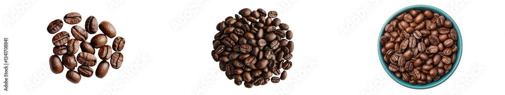 Poster a white background isolates a pile of coffee beans, which are photographed from a top-down view