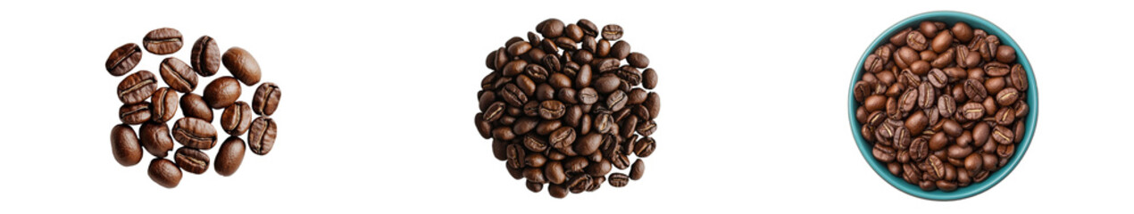 Fototapeta premium A white background isolates a pile of coffee beans, which are photographed from a top-down view