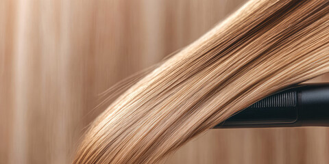 Woman straightening hair using modern iron hair straightener, closeup. The process of straightening hair using an electric hair straightener