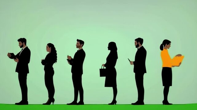 Silhouettes of diverse business people standing in line against green background, copy space