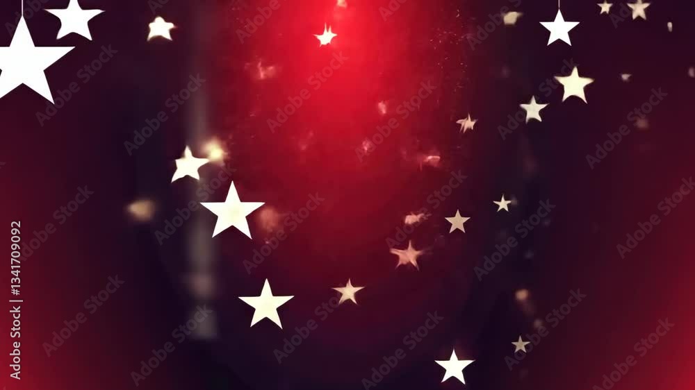 Aufkleber A red background with a bunch of stars hanging from the ceiling. The stars are all different sizes and are scattered throughout the image
