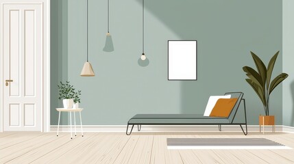 Sage Green Minimalist Room Interior with Daybed and Plants