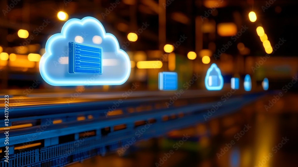 Poster a digital representation of cloud computing, featuring glowing cloud icons and data storage symbols,