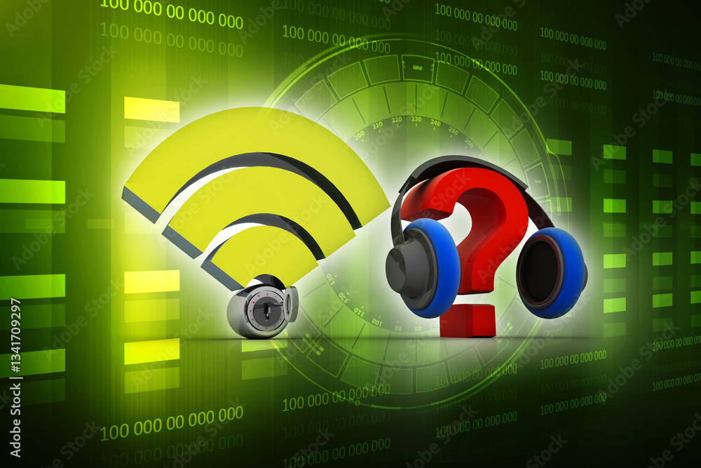 Poster 3d rendering question mark connected headphone near wifi sign