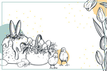 Happy Easter set. Easter cake. and spring flowers.  Vector background. Sketch  illustration. 