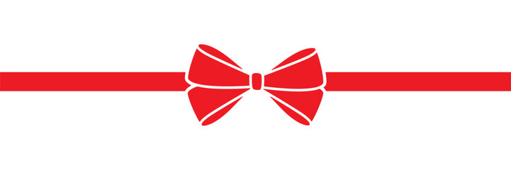 Minimalistic red decorative narrow laconic bow with horizontal ribbon, hand drawn element, negative space, silhouette on transparent background for gift, present, birthday, wedding. Flat vector EPS10