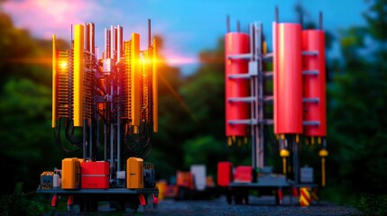 Obraz premium A close-up view of advanced telecom towers with vibrant lights, set against a blurred natural background, showcasing technology in nature.