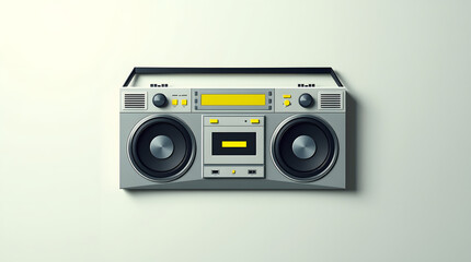 Gray and yellow retro boombox flat lay, minimalist digital illustration on light isolated background wallpaper, 80s, 90s, vintage cassette player