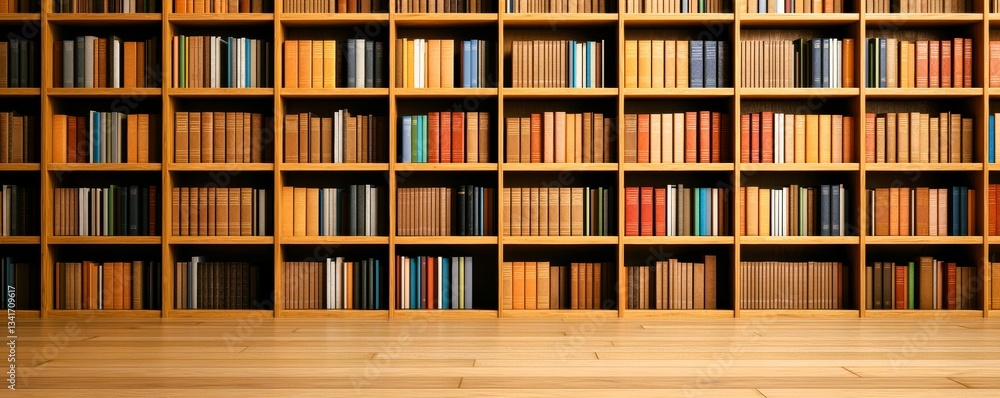 Poster a wooden bookshelf filled with various books, showcasing a range of colors and sizes, arranged neatl