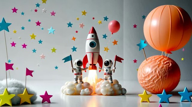 A rocket is on top of a cloud with two astronauts holding flags. There are also two other rockets in the background