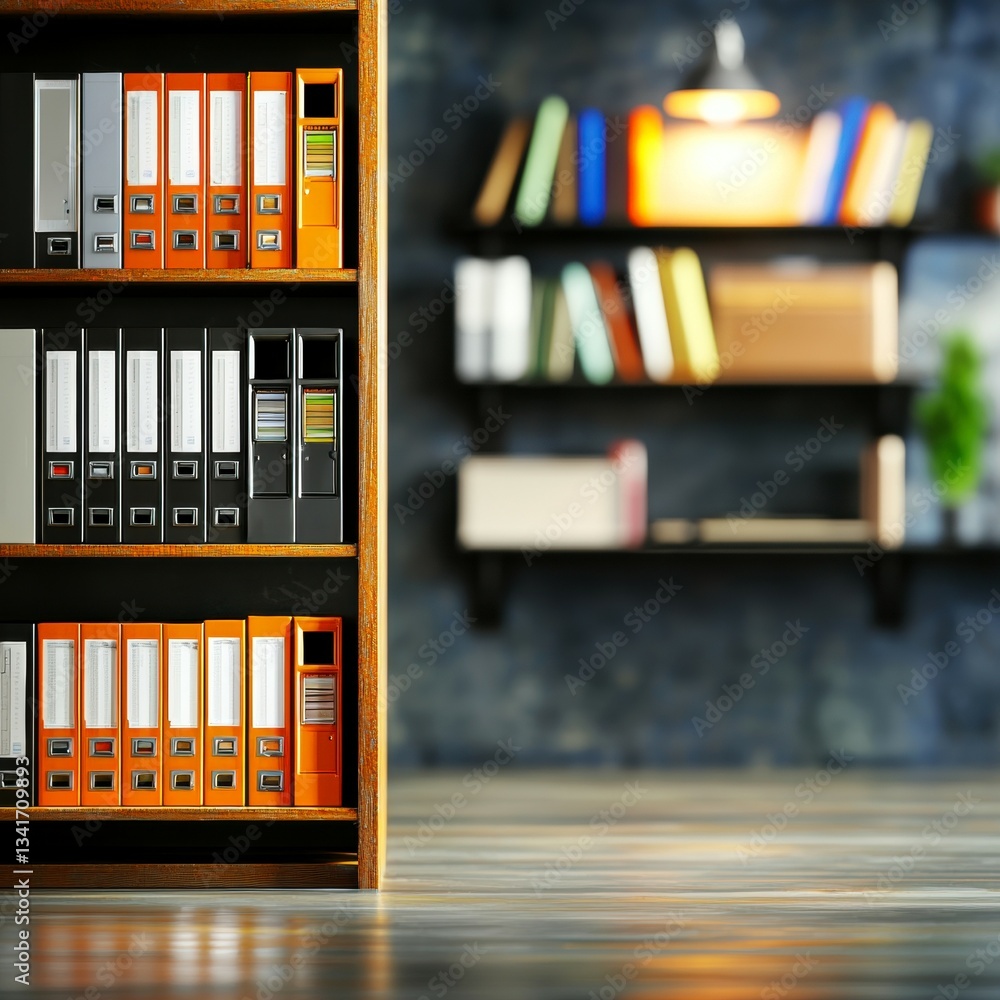 Poster a modern bookshelf displays neatly organized binders and files, with a cozy reading nook illuminated