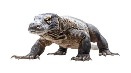 The image is a detailed portrait of a Komodo dragon with prominent scales and a focused gaze.