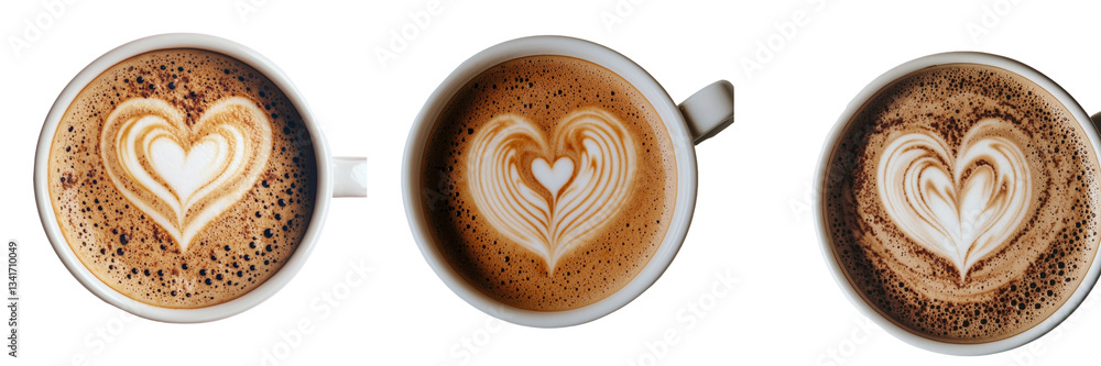 Poster Top view of a heart-shaped latte art coffee, isolated and set on a transparent background, a product of Generative Ai technology