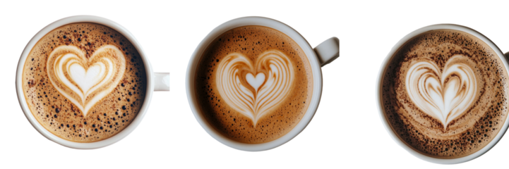 Top view of a heart-shaped latte art coffee, isolated and set on a transparent background, a product of Generative Ai technology