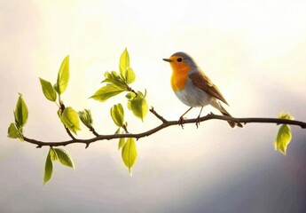 vibrant bird perched on a branch surrounded by fresh green leaves in soft, blurred background