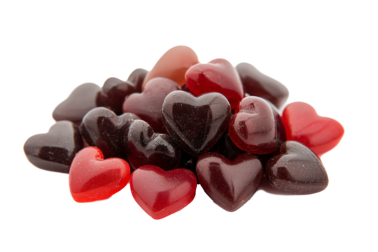 Cluster of tiny hearts in various shades of red, on a white background