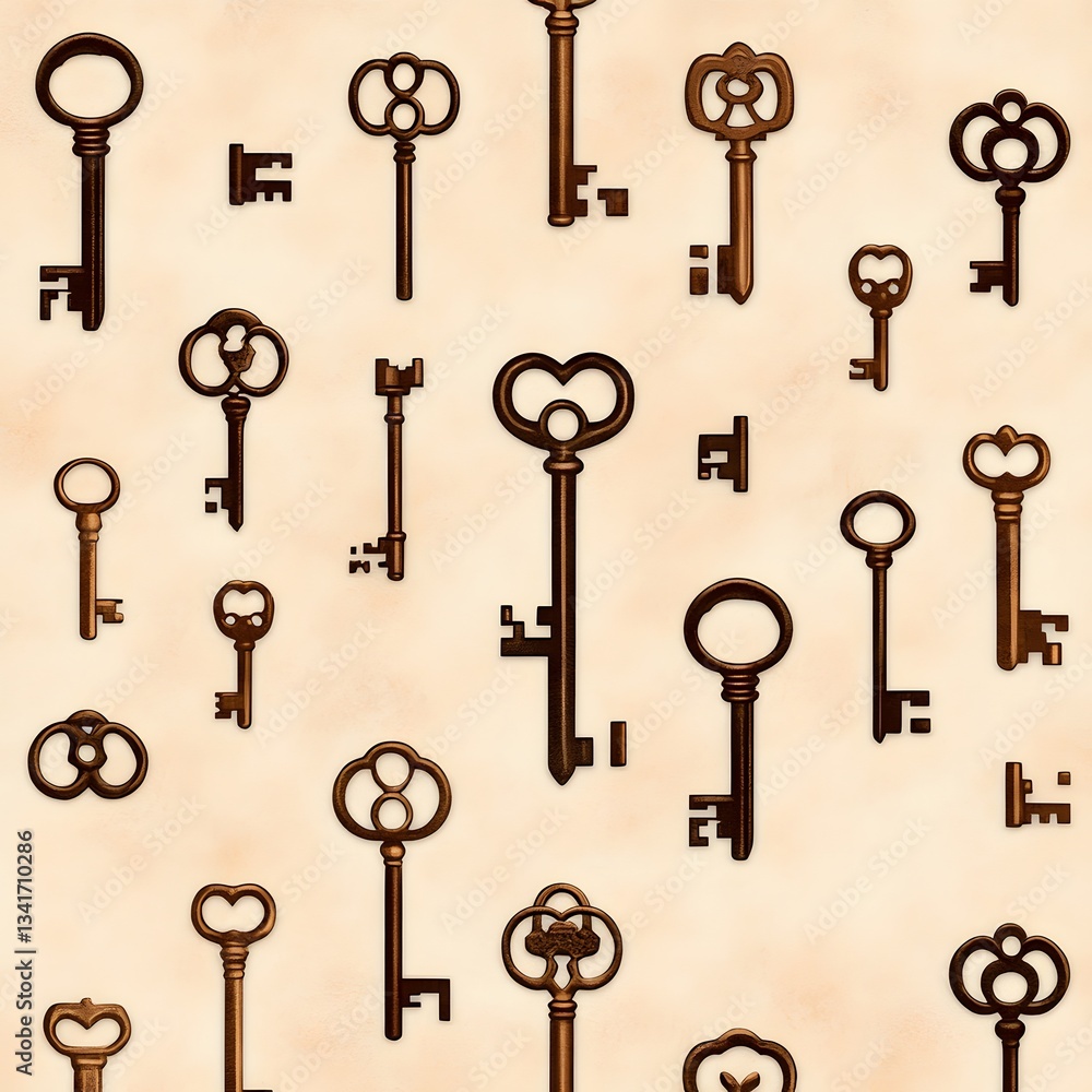 Poster a repeating pattern of vintage skeleton keys and ornate locks on an aged parchment background.