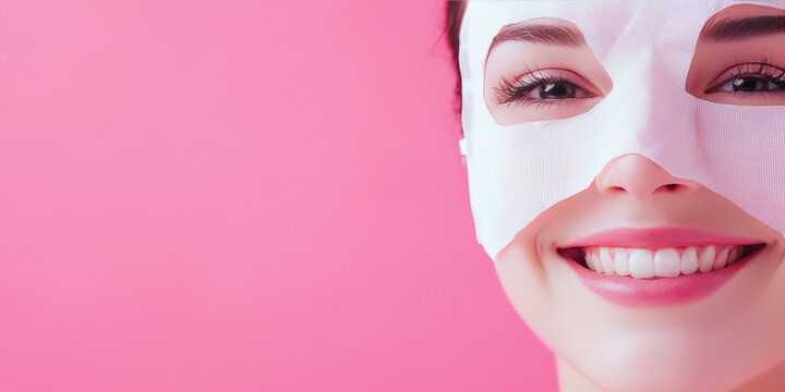 Young beautiful smiling European woman with moisturizing fabric sheet mask for face on color background