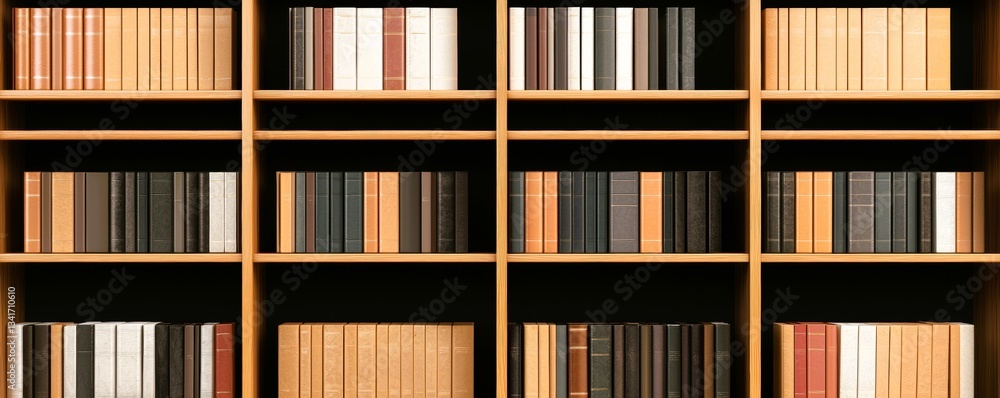 Poster a neatly organized wooden bookshelf filled with a variety of books in different colors and sizes, sh