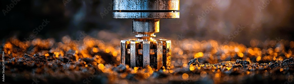 Aufkleber a close-up view of a metallic tool interacting with a textured surface, illuminated by warm, glowing