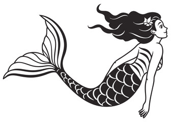 Drawing of Mermaid Mermaid vector silhouette, Mermaid flat icon, Mermaid black Clip art isolated on a white background. Vector outline