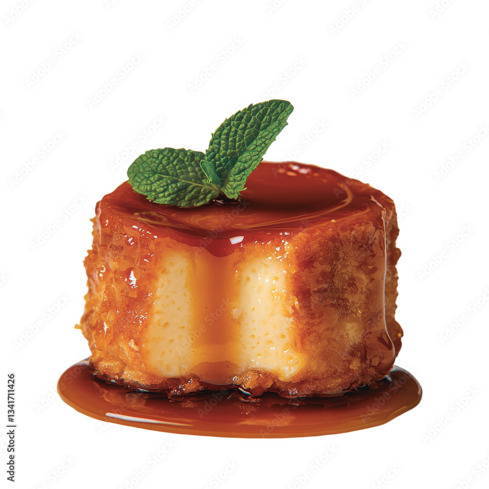 Poster isolated on a transparent background is a mouthwatering pudding with caramel and mint, crafted by ge