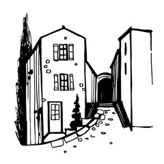 Naklejka premium Hand-drawn landscape of Tuscany. Vector sketch illustration.