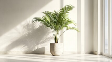 Fototapeta premium A single large palm tree in a neutral-toned pot with a stone base, positioned in a bright and airy room to evoke a sense of calm and natural beauty