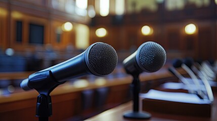 Close up of microphones on podium in formal conference hall with wooden interior and warm lighting